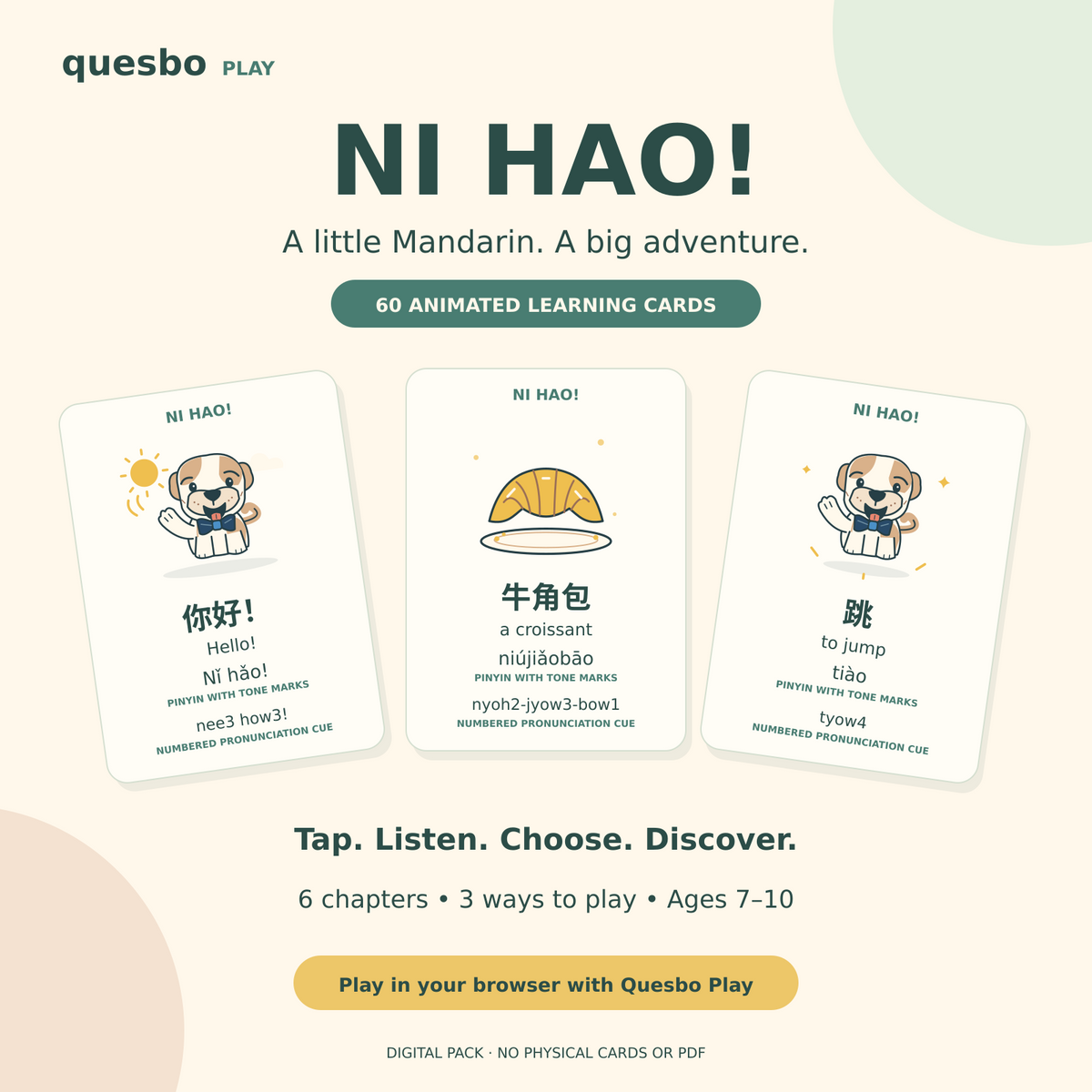 NI HAO! 60 animated Mandarin Chinese cards with Simplified Chinese, English, tone-marked pinyin and numbered pronunciation cues.