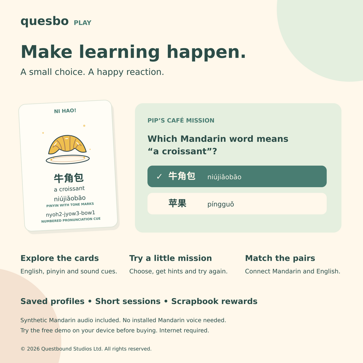 Explore Mandarin with Chinese characters, English, pinyin and pronunciation cues, then practise with missions and matching.