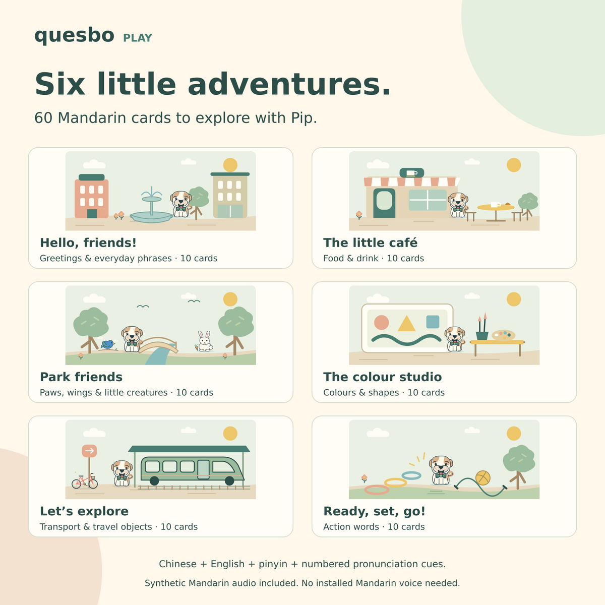 Six Mandarin adventures with Pip: greetings, café, park animals, colours, travel and actions.