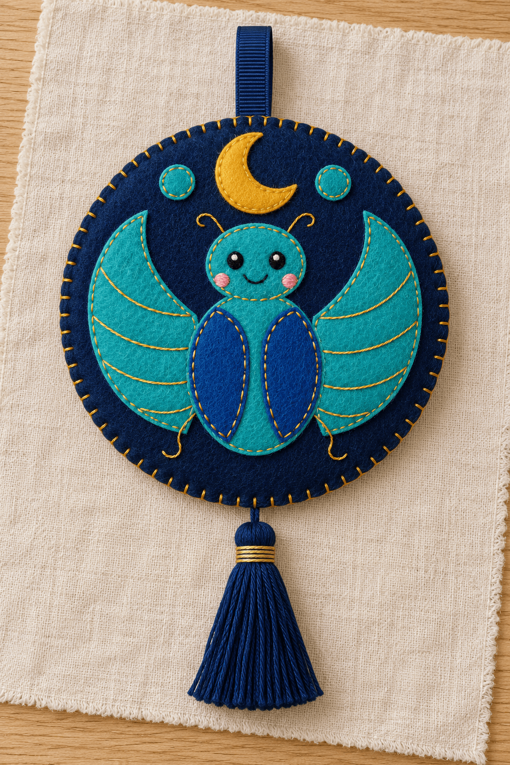 Finished Nile Moon Scarab felt pendant with embroidered turquoise wings, blue wing cases, gold moon and navy tassel.