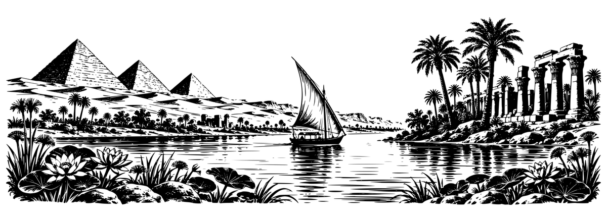 Nile Voyager panoramic black-and-white engraving design showing Egyptian pyramids, felucca, Nile, palms, colonnade and papyrus; artwork only