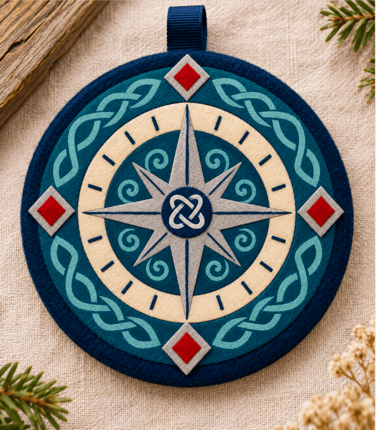 Norwegian Viking Compass craft design: a round navy and cream felt pendant with an eight-point compass, knot border and red diamond accents.
