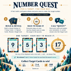 Number Quest how-to-play guide showing target selection, a timed maths challenge and a 9 + 5 + 3 = 17 example.