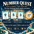 Number Quest illustrated overview showing 9 + 5 + 3 matching a target of 17 against a blue fantasy landscape.