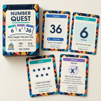 Number Quest box with Target 36, Value 6, a count-the-stars card and a Square special card.