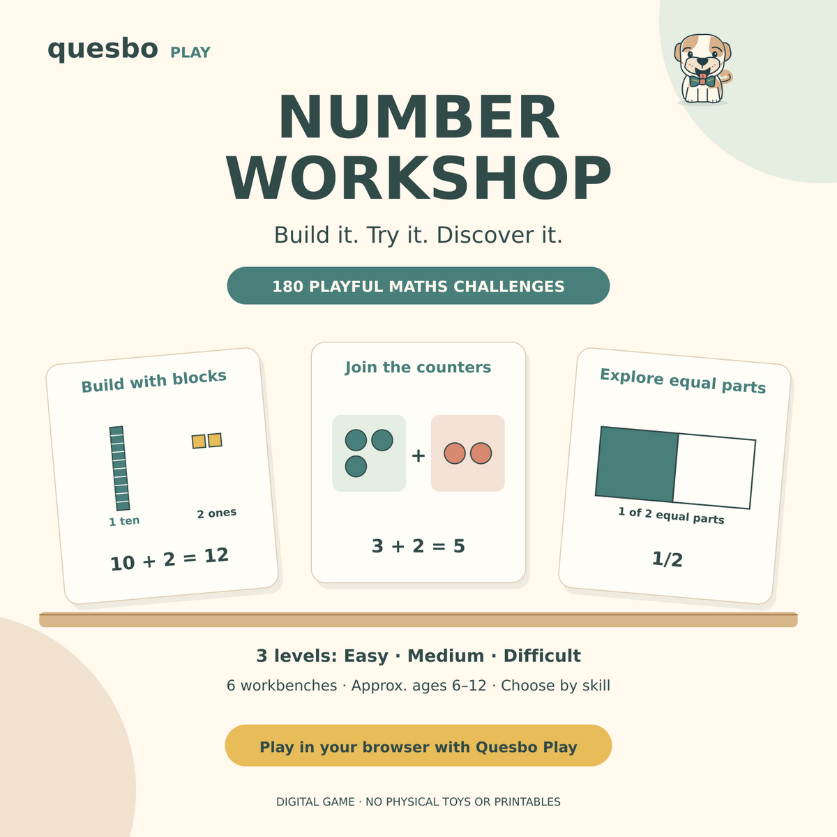 Number Workshop: 180 interactive maths challenges, with Easy, Medium and Difficult levels, for approximately ages 6–12.