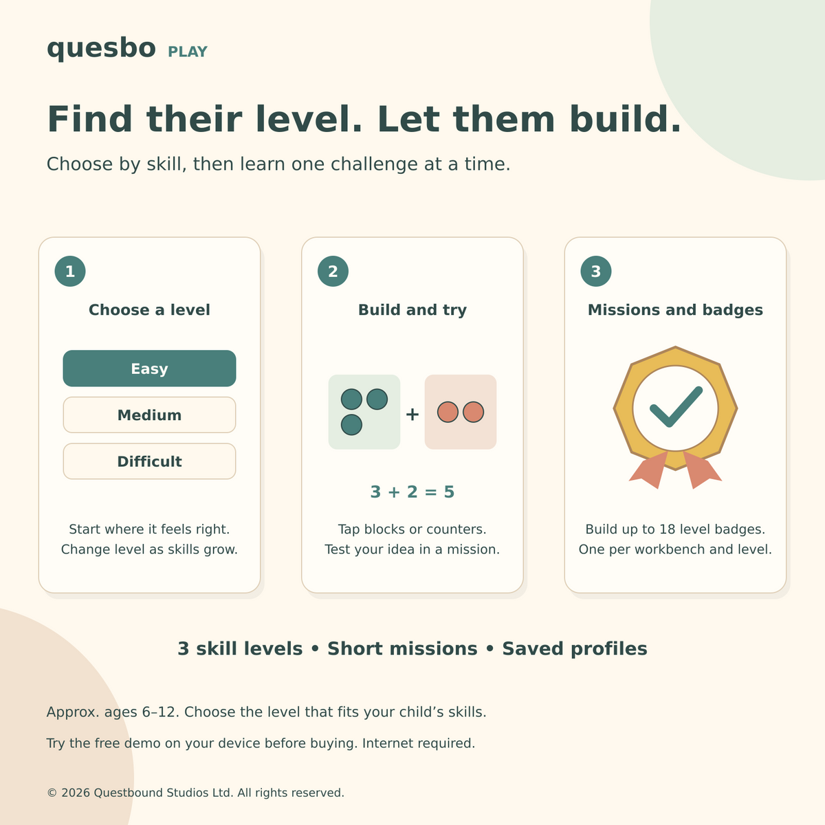 Choose Easy, Medium or Difficult, build with interactive pieces, and practise towards 18 level badges.