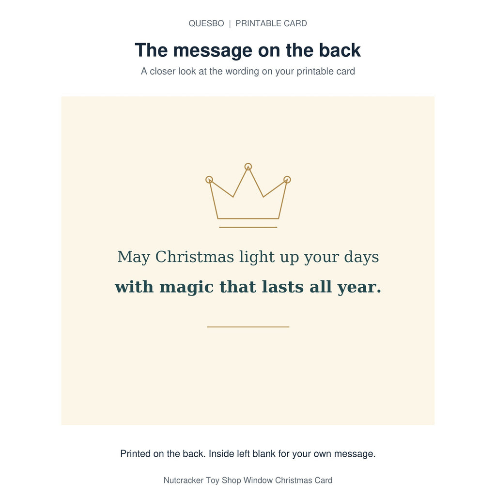 Printed message on the back of the PDF card: May Christmas light up your days with magic that lasts all year. The inside is blank for your own handwritten message.