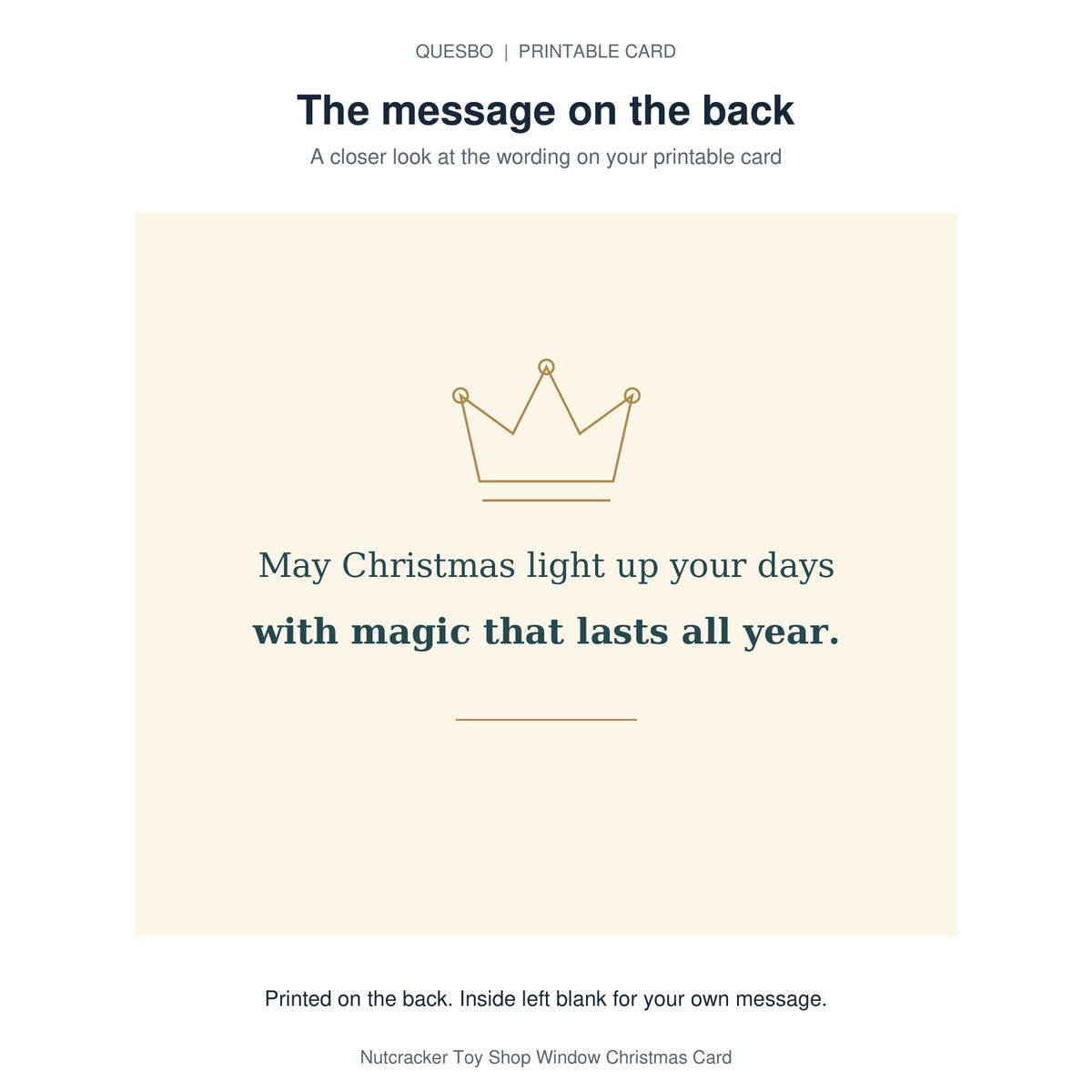 Printed message on the back of the PDF card: May Christmas light up your days with magic that lasts all year. The inside is blank for your own handwritten message.