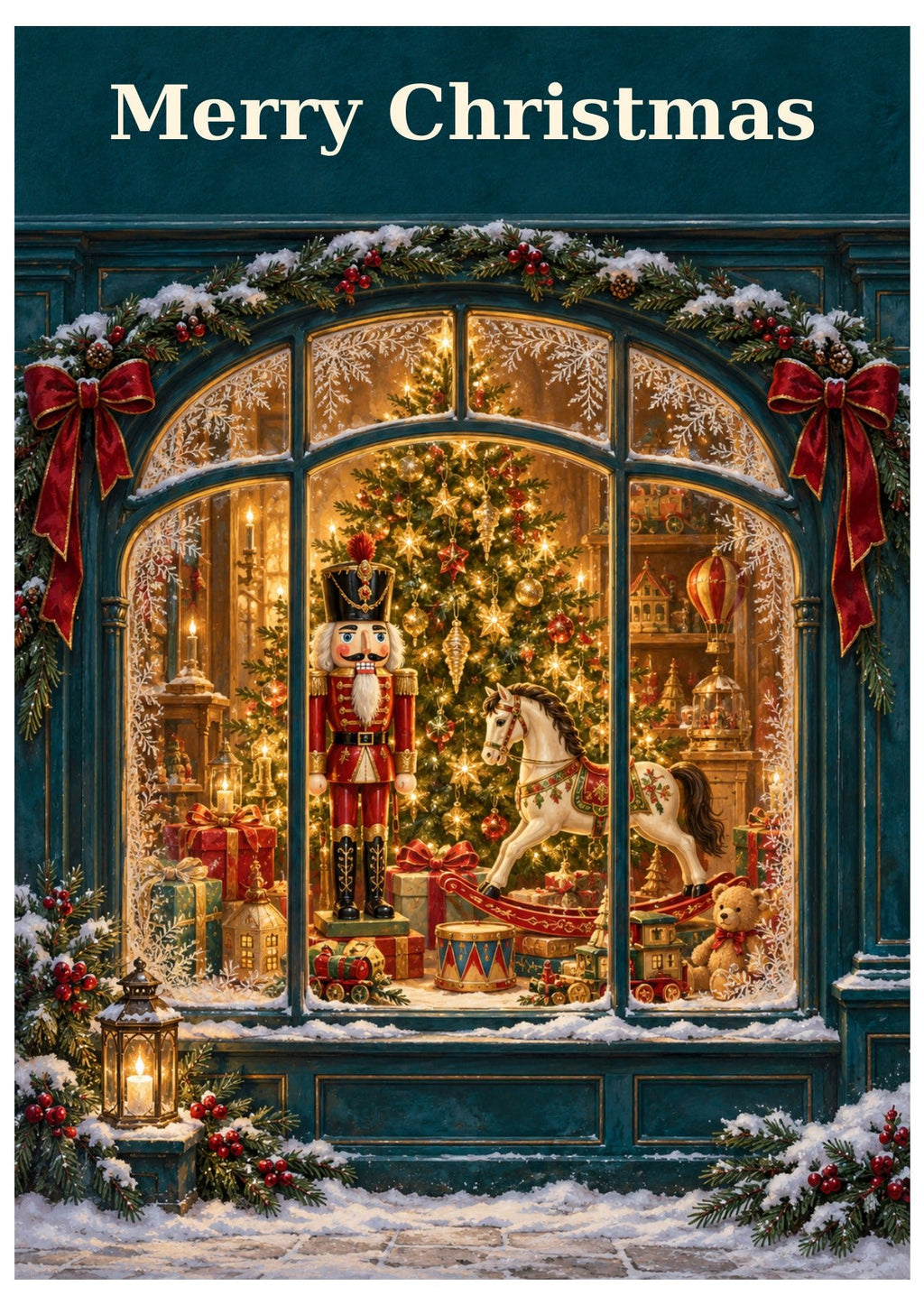 Nutcracker toy shop window Christmas card with Merry Christmas lettering.