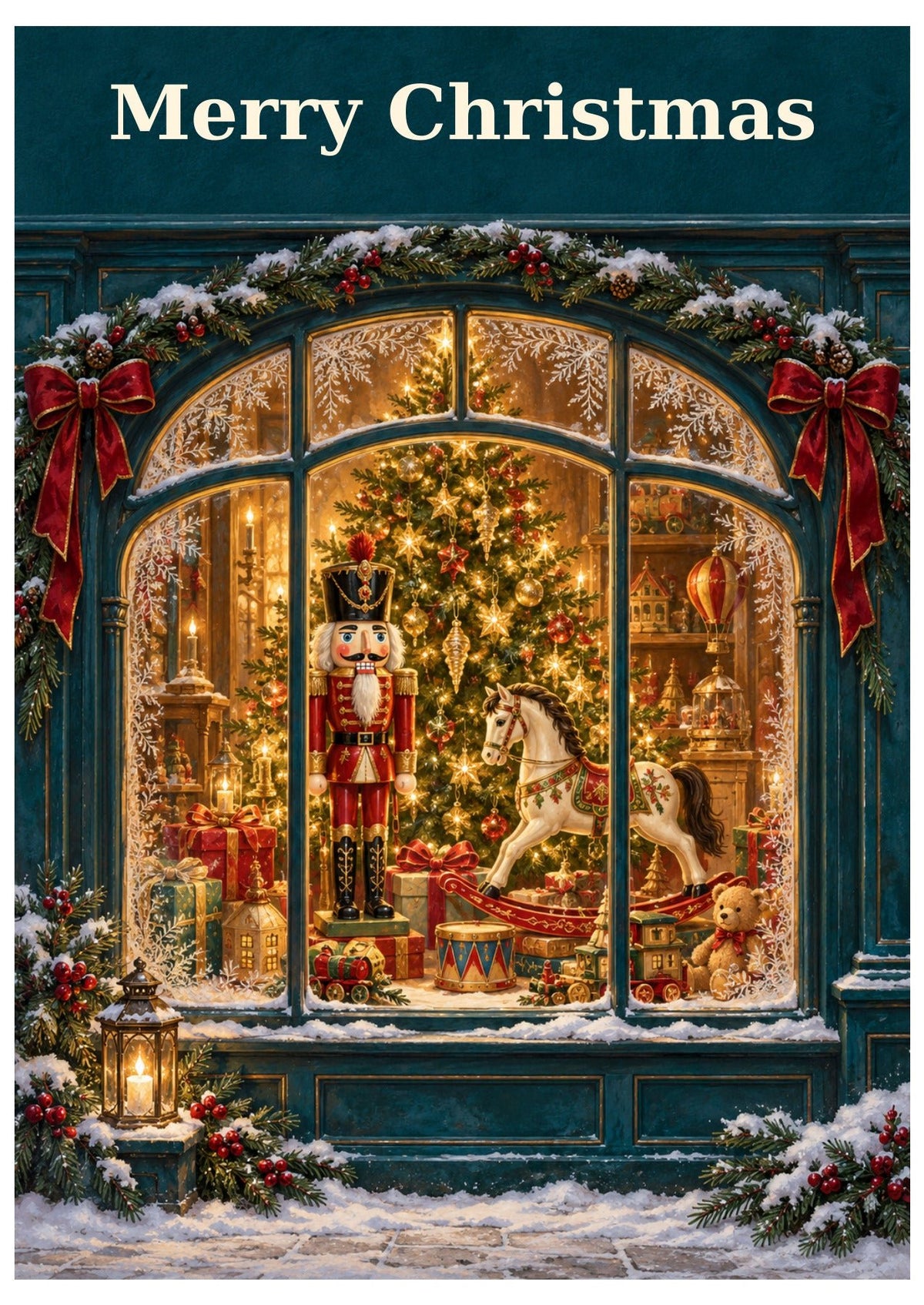 Nutcracker toy shop window Christmas card with Merry Christmas lettering.