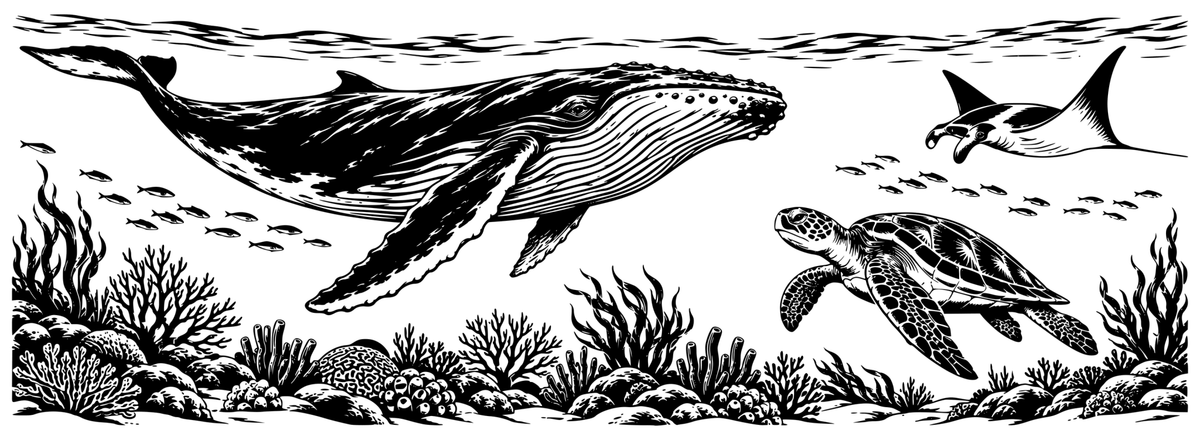 Ocean Odyssey panoramic engraving artwork with a humpback whale, sea turtle, manta ray and coral reef; artwork only