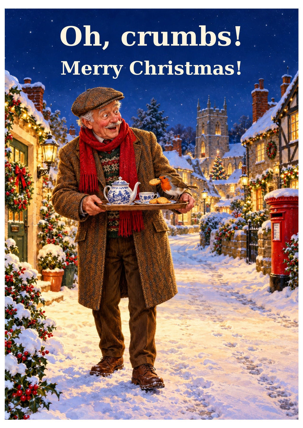 British Christmas card with “Oh, crumbs!” and “Merry Christmas!”