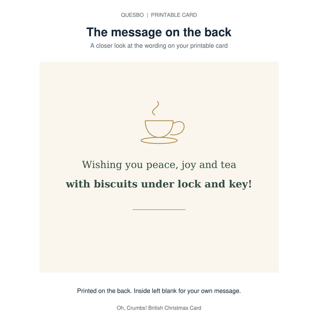 Printed message on the back of the PDF card: Wishing you peace, joy and tea with biscuits under lock and key! The inside is blank for your own handwritten message.