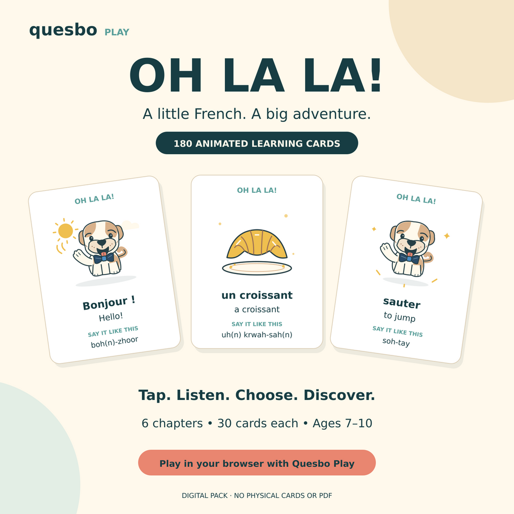 OH LA LA! 180 animated French learning cards with English meanings, pronunciation cues and French audio; six chapters with 30 cards each.