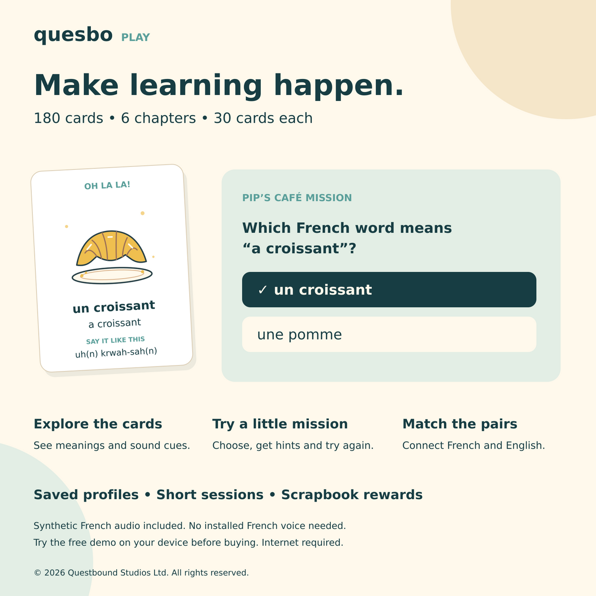 How to play OH LA LA: explore 180 French cards with English meanings and sound cues, try short missions and match French words with English.