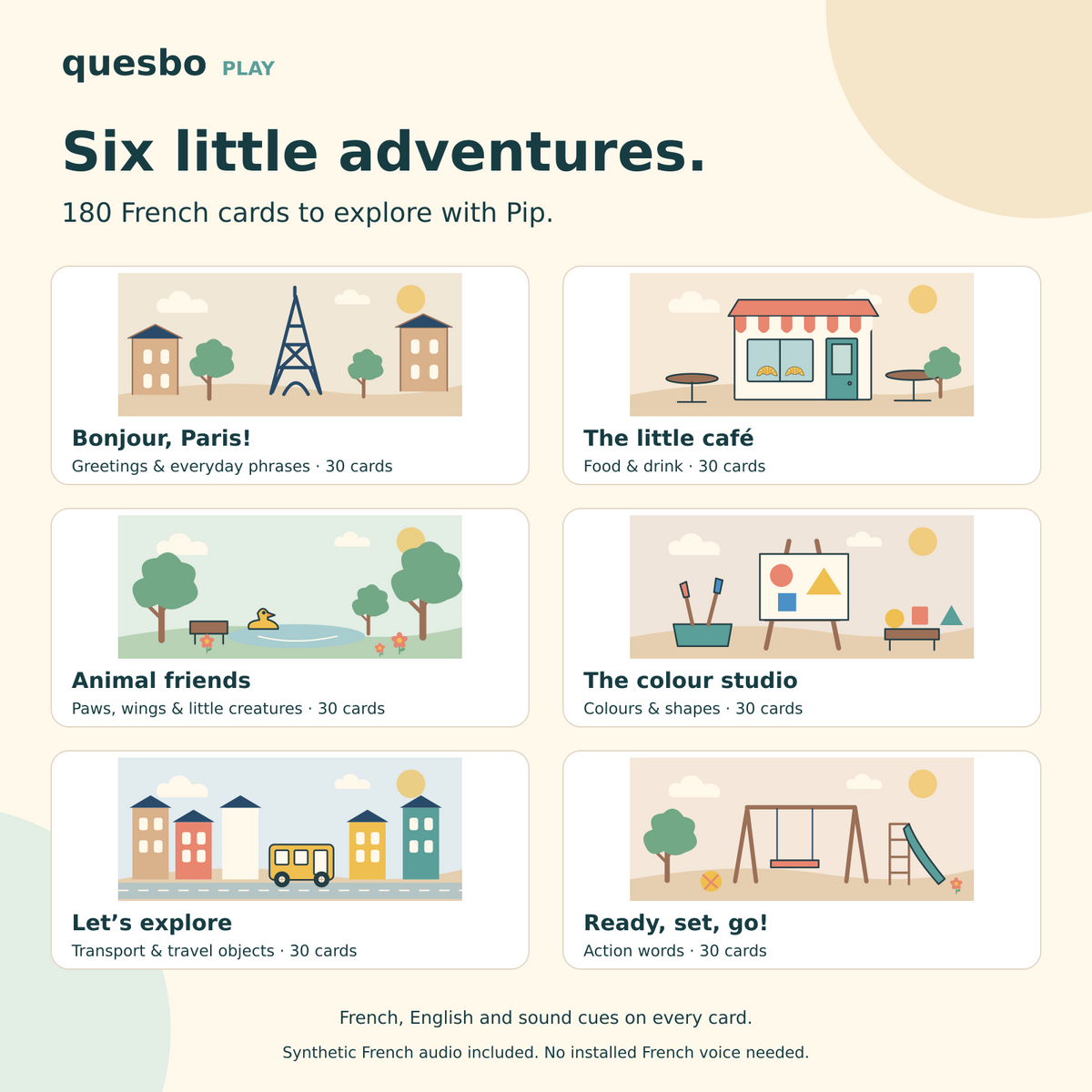 Six French learning chapters, with 30 cards each: greetings and everyday phrases, food, animals, colours and shapes, travel and actions.