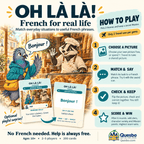 Oh Là Là! how-to-play guide showing picture selection, matching and speaking French, checking pairs and scoring.