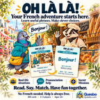 Oh Là Là! illustrated overview with a pigeon greeting a raccoon baker and matching French situation and phrase cards.