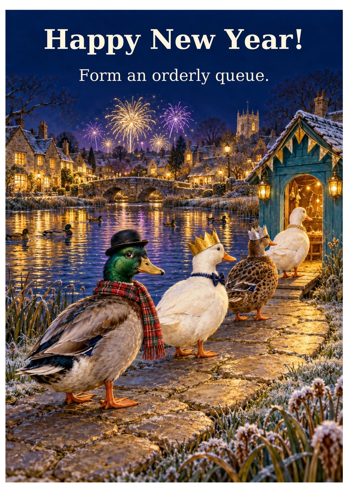 Duck queue New Year card with “Happy New Year!” and “Form an orderly queue.”