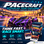 PACECRAFT illustrated game overview featuring a purple hypercar on a glowing race circuit with the box and cards.