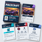 PACECRAFT box beside Nyx Shard, Fuel Analyst, Soft tyres and Rain cards on a grey background.