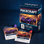 PACECRAFT: Hypercar Team Challenge game box with Nyx Shard car and Astra Vex engineer cards on dark blue.