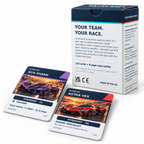 Back of the PACECRAFT game box beside Nyx Shard car and Astra Vex engineer cards on white.