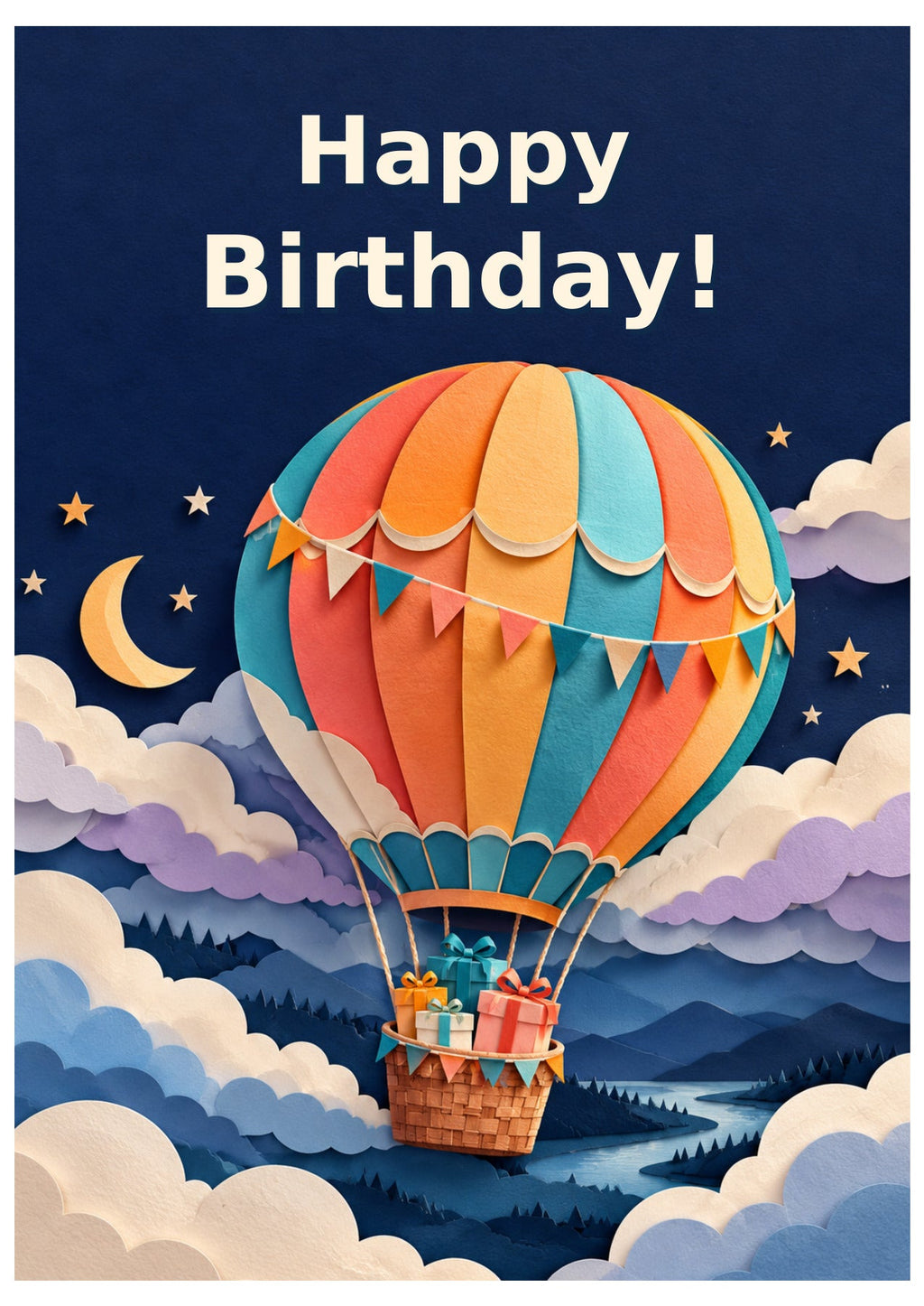 Paper cut-style balloon birthday card with Happy Birthday lettering.