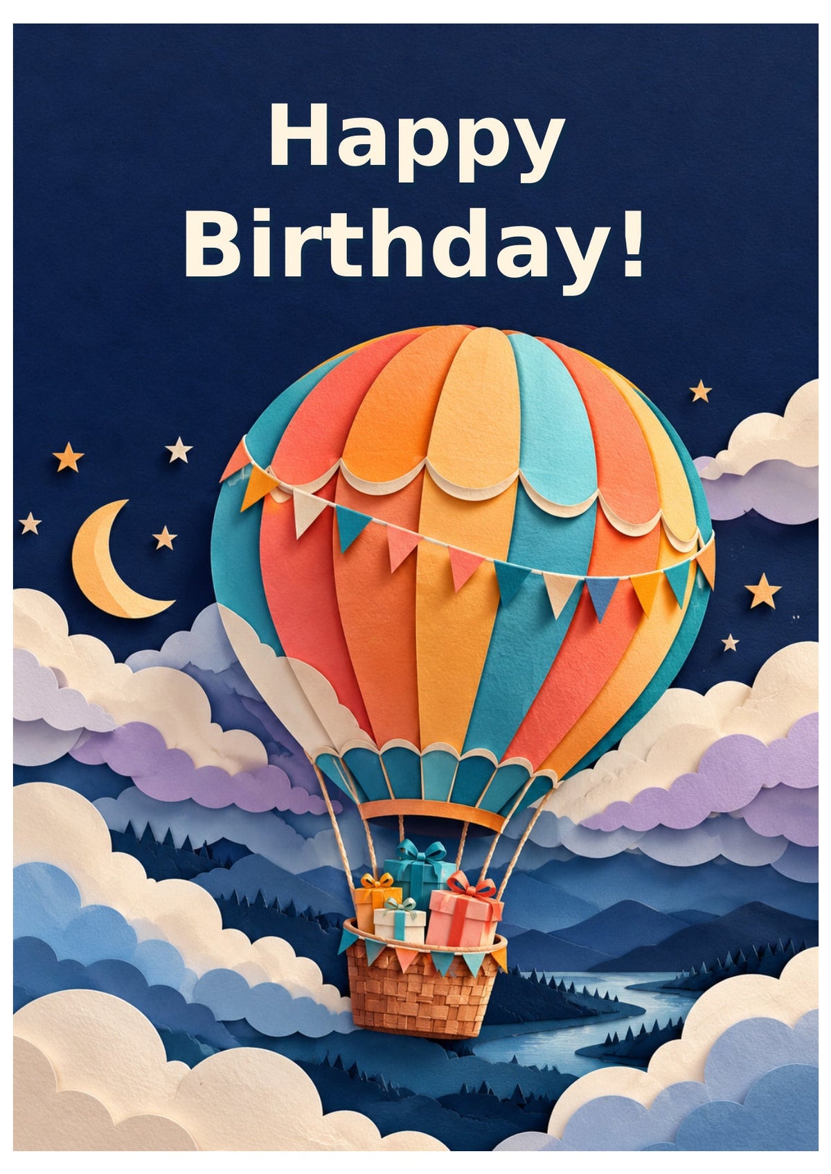 Paper cut-style balloon birthday card with Happy Birthday lettering.