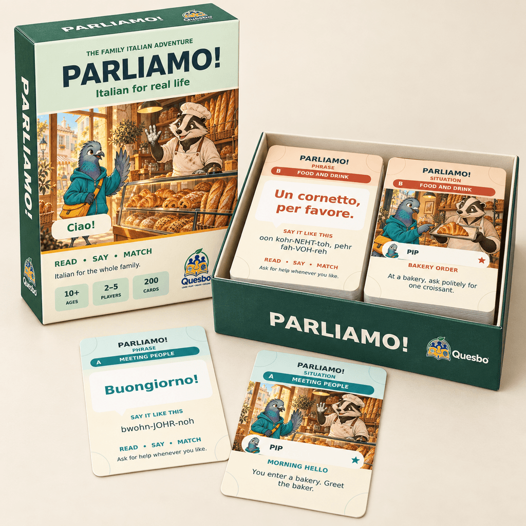 PARLIAMO! – Italian Learning Card Game for Kids & Families - Quesbo
