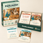 PARLIAMO! box beside an open card tray with Italian phrase and bakery scene cards on a cream background.