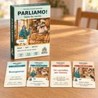 PARLIAMO! Italian card game box and four phrase and picture cards arranged on a wooden table.
