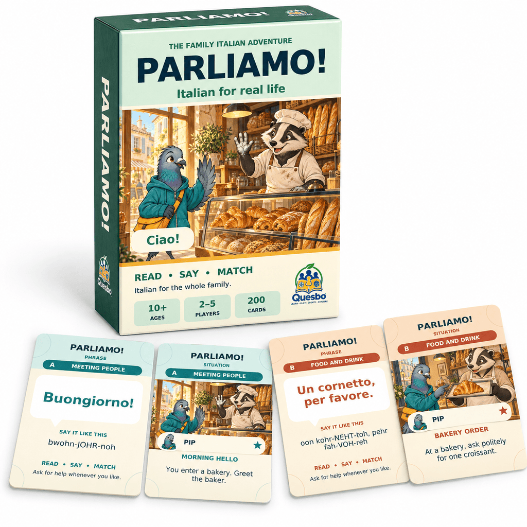 PARLIAMO! – Italian Learning Card Game for Kids & Families - Quesbo