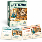 PARLIAMO! Italian card game box with four matching phrase and picture cards on a white background.