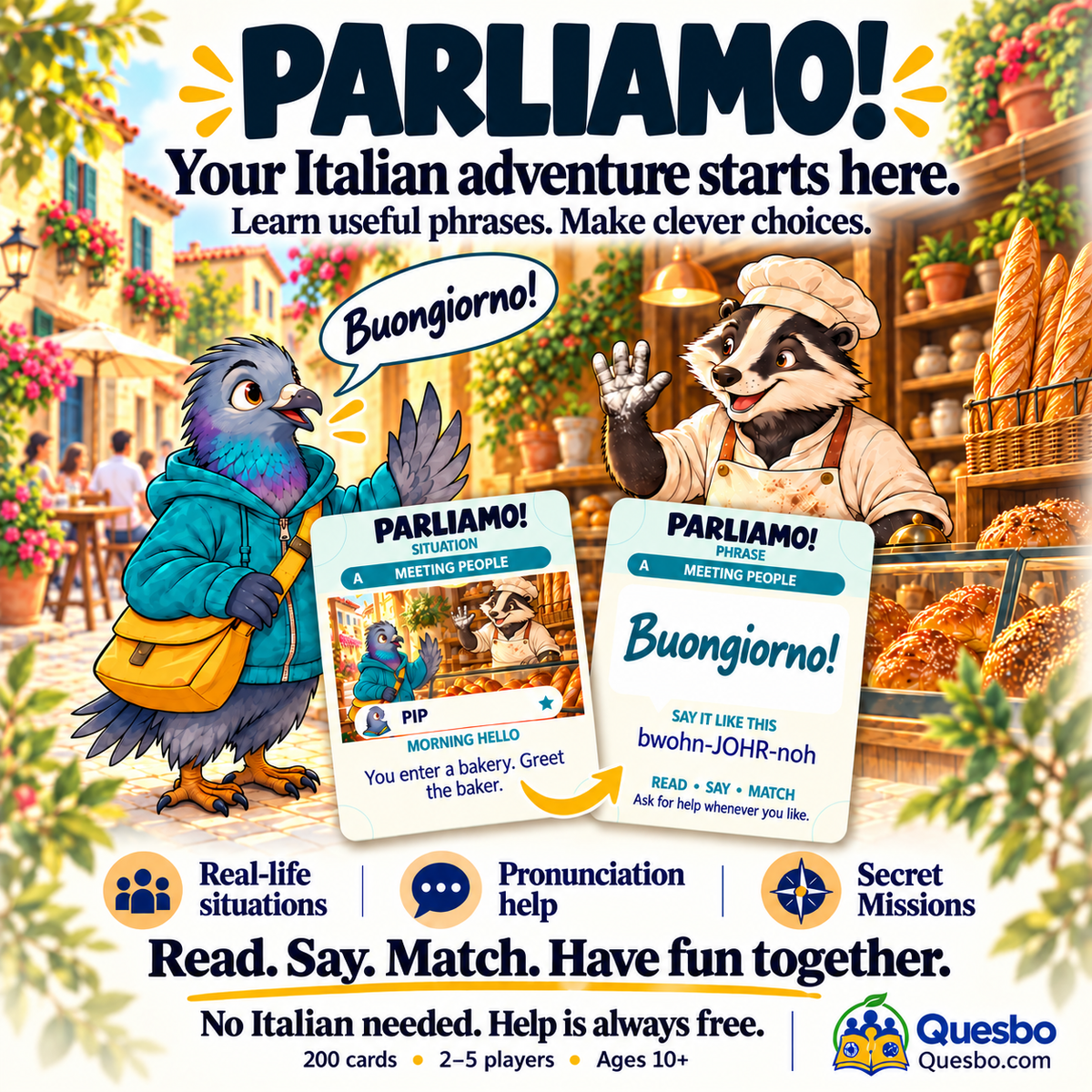 PARLIAMO! – Italian Learning Card Game for Kids & Families - Quesbo