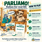 PARLIAMO! how-to-play guide showing picture matching, speaking Italian phrases, checking cards and scoring.