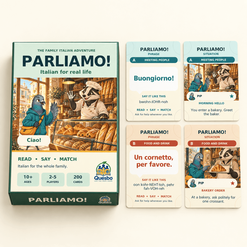 PARLIAMO! – Italian Learning Card Game for Kids & Families - Quesbo