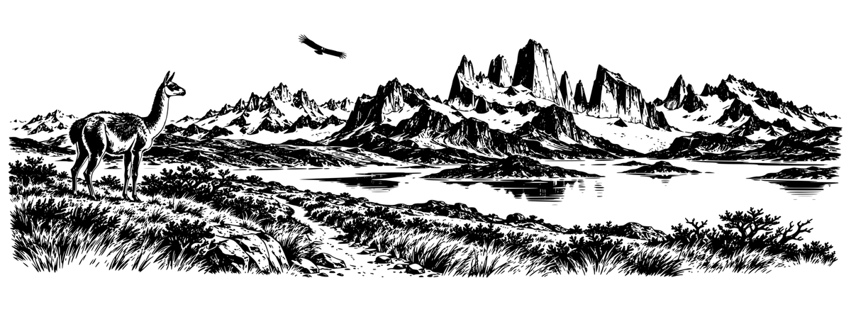 Patagonia Wild panoramic black-and-white engraving design showing Patagonian granite towers, lake, guanaco, condor and trail; artwork only