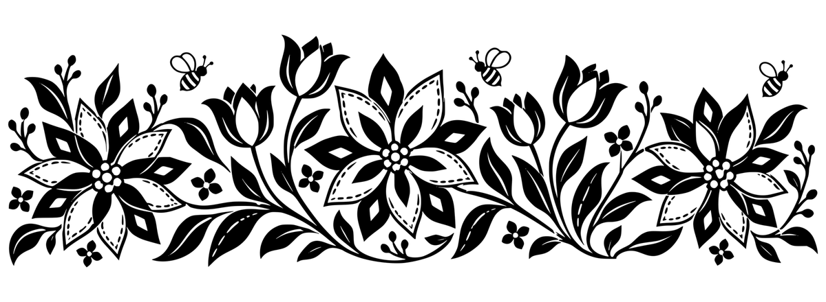 Patchwork Bloom black-and-white wrap engraving artwork showing quilt-inspired floral rosettes, tulips, leaves and stitch-like details; design only