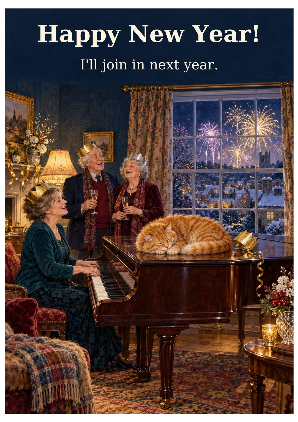 Piano cat New Year card with “Happy New Year!” and “I’ll join in next year.”