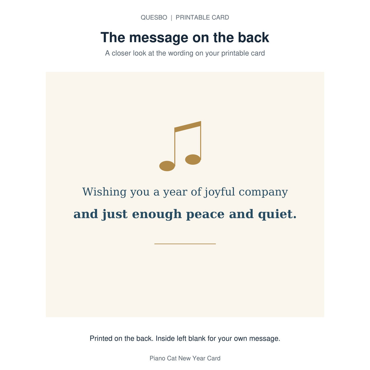 Printed message on the back of the PDF card: Wishing you a year of joyful company and just enough peace and quiet. The inside is blank for your own handwritten message.