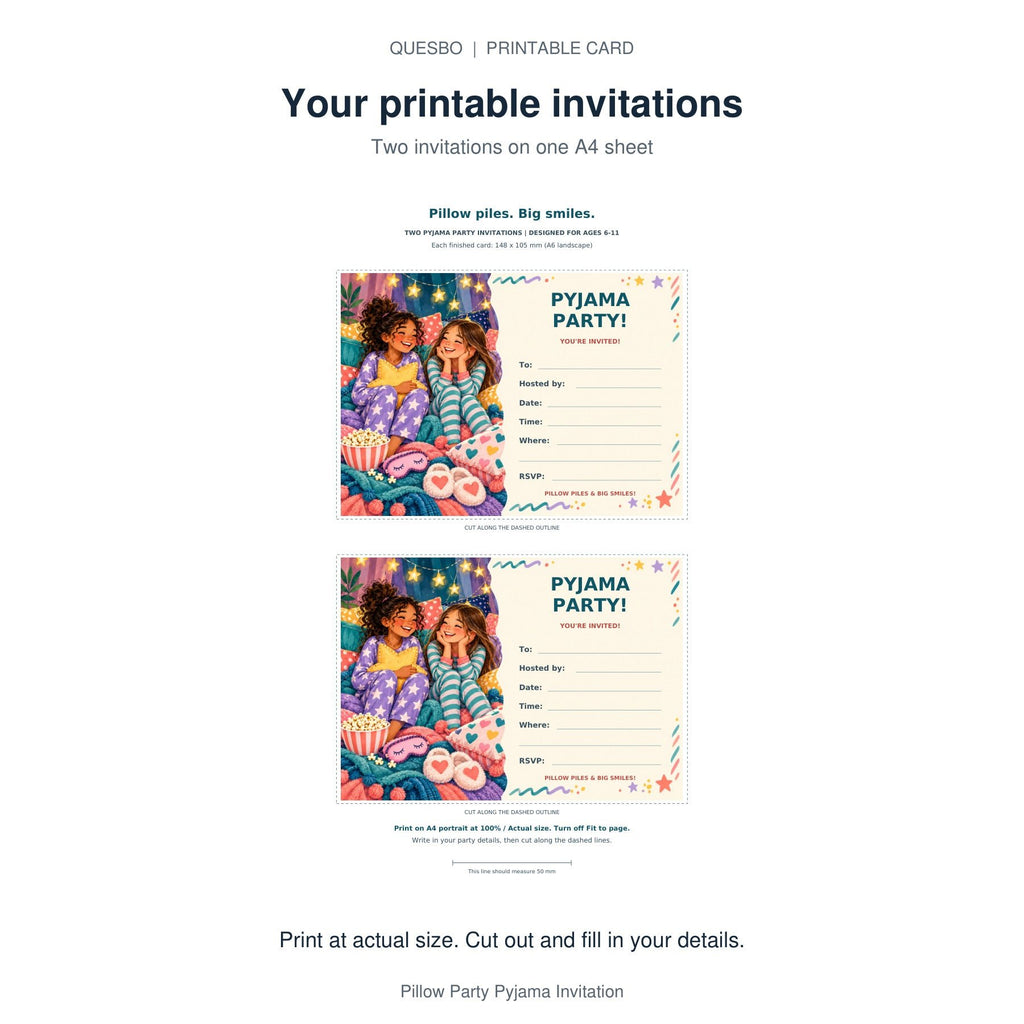 PDF print layout for Pillow Party Pyjama Invitation, showing two invitations and the wording and blank event-detail fields.