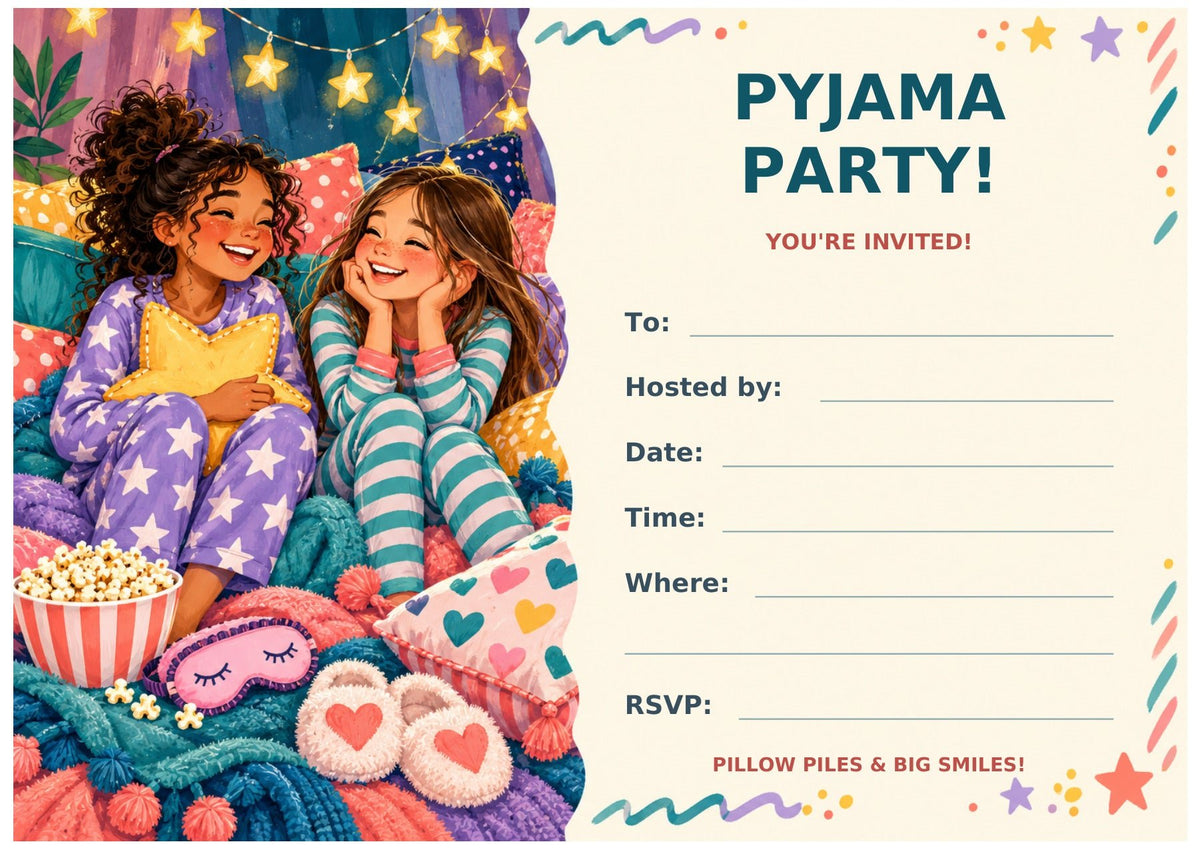 Landscape Pyjama Party invitation with two friends in colourful pyjamas, cushions and fill-in party details.