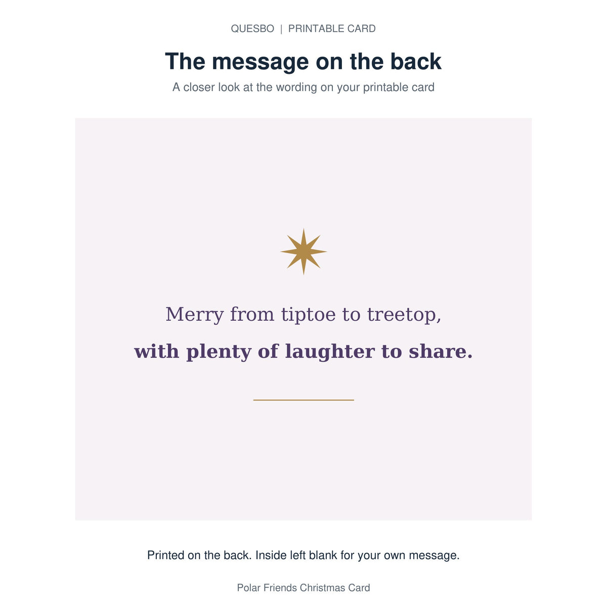 Printed message on the back of the PDF card: Merry from tiptoe to treetop, with plenty of laughter to share. The inside is blank for your own handwritten message.