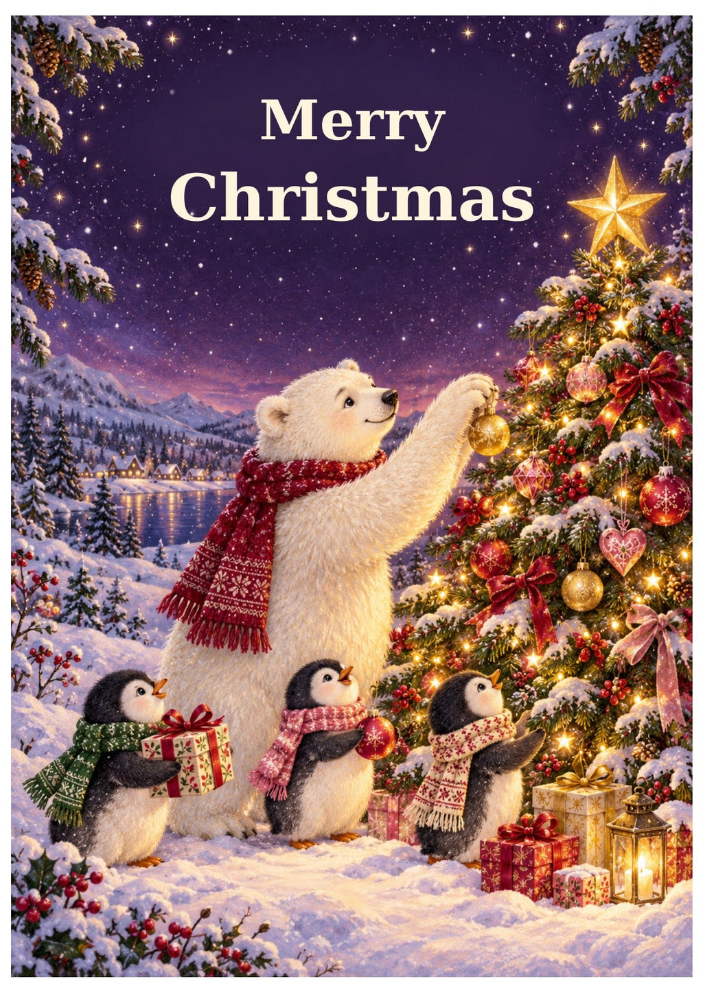 Polar bear and penguins beside a decorated Christmas tree and presents, beneath Merry Christmas lettering.