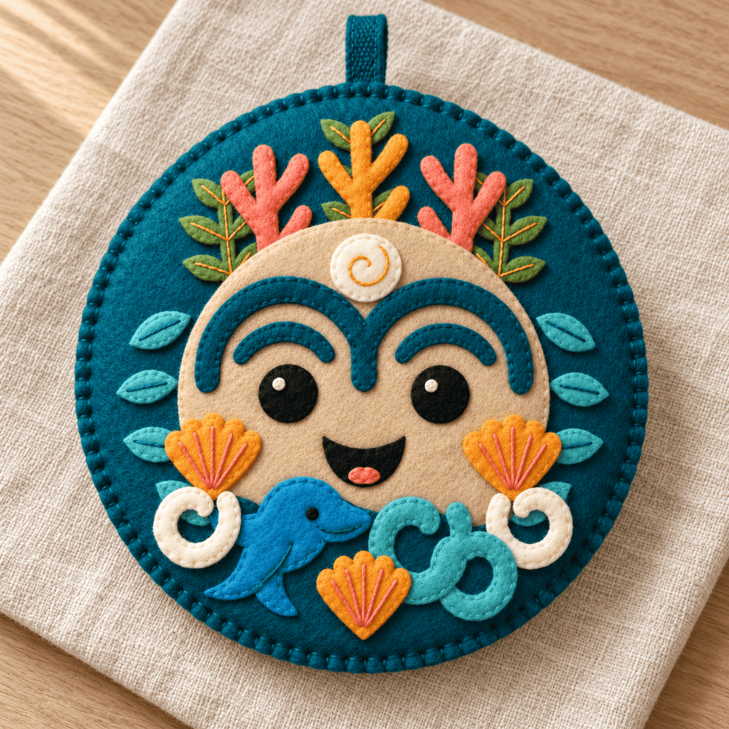 Angled view of the Ocean Totem Buddy felt sewing project showing layered appliqué, embroidered details, a soft padded body and short hanging loop.