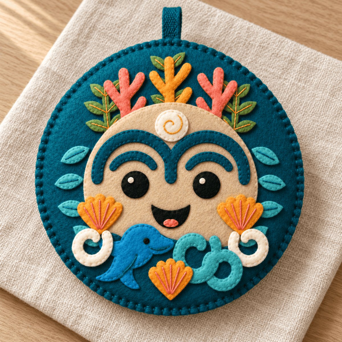 Angled view of the Ocean Totem Buddy felt sewing project showing layered appliqué, embroidered details, a soft padded body and short hanging loop.