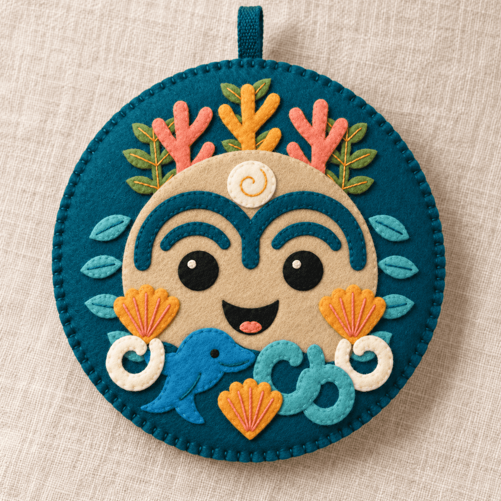 Ocean Totem Buddy felt ornament with a smiling sand face, turquoise mask, coral and foliage crown, shell cheeks, dolphin and curling waves.