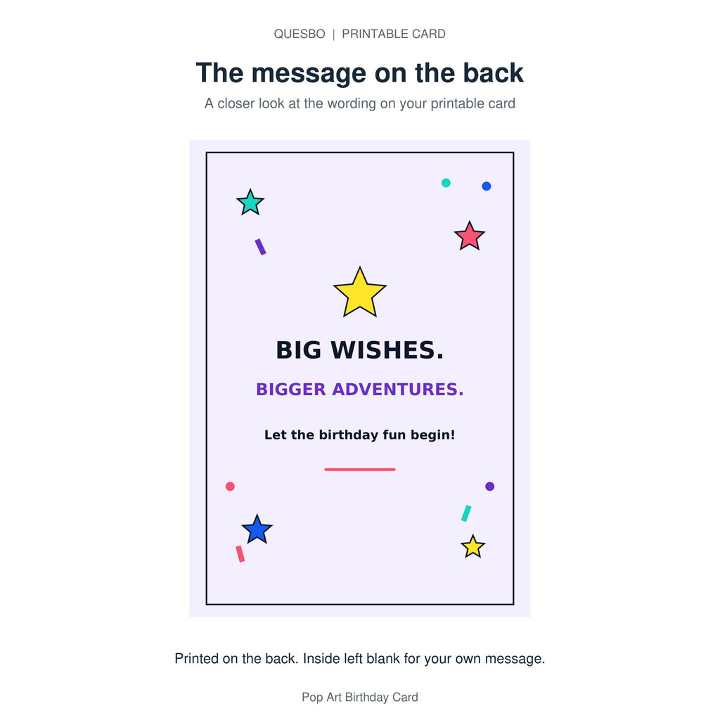 Printed message on the back of the PDF card: BIG WISHES. BIGGER ADVENTURES. Let the birthday fun begin! The inside is blank for your own handwritten message.